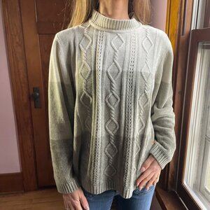 Vintage 90s Sage Green Chenille Sweater L Mock Neck Cable Knit Holiday Coquette